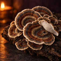 Turkey tail fungus on bark by candlelight