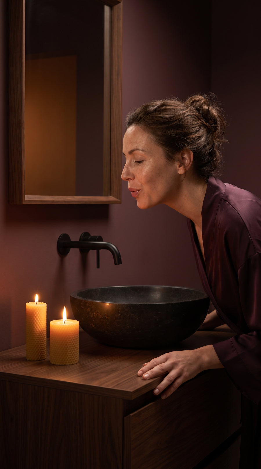 Evening routine at a candlelit basin