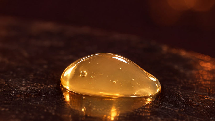 A golden bead of Dark Spot Serum by candlelight